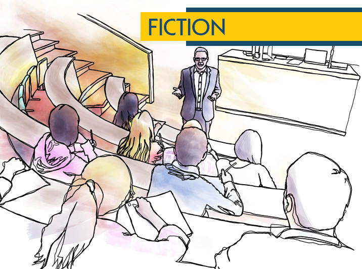 In a university lecture hall, a professor addresses his students